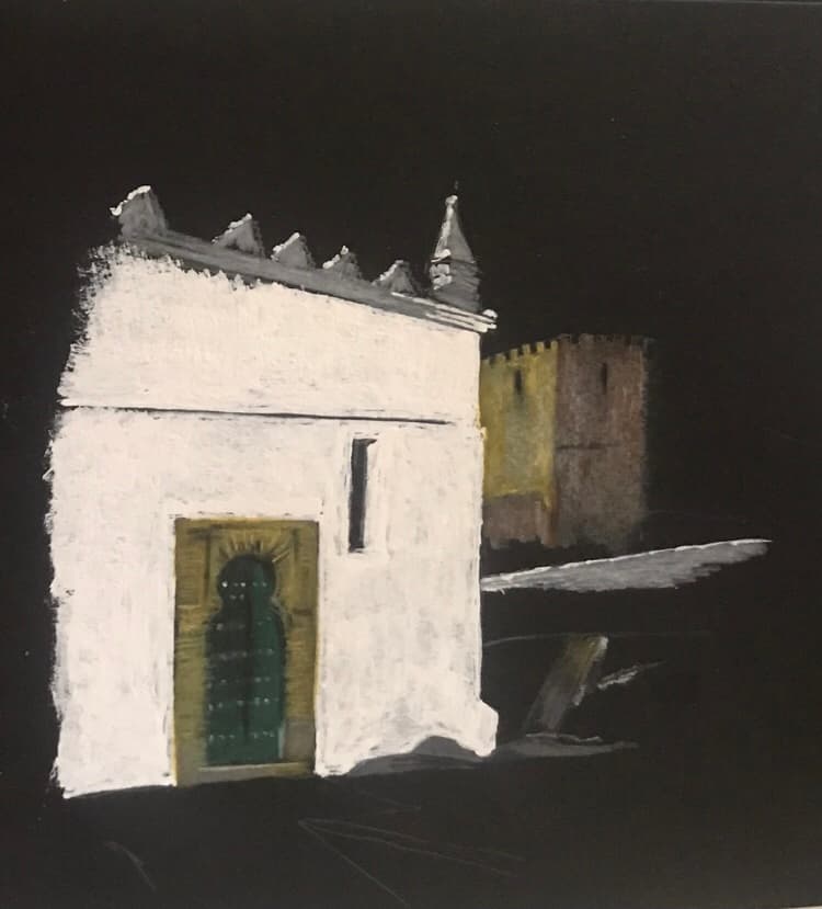 Painting of white traditional building with ornate green door at night