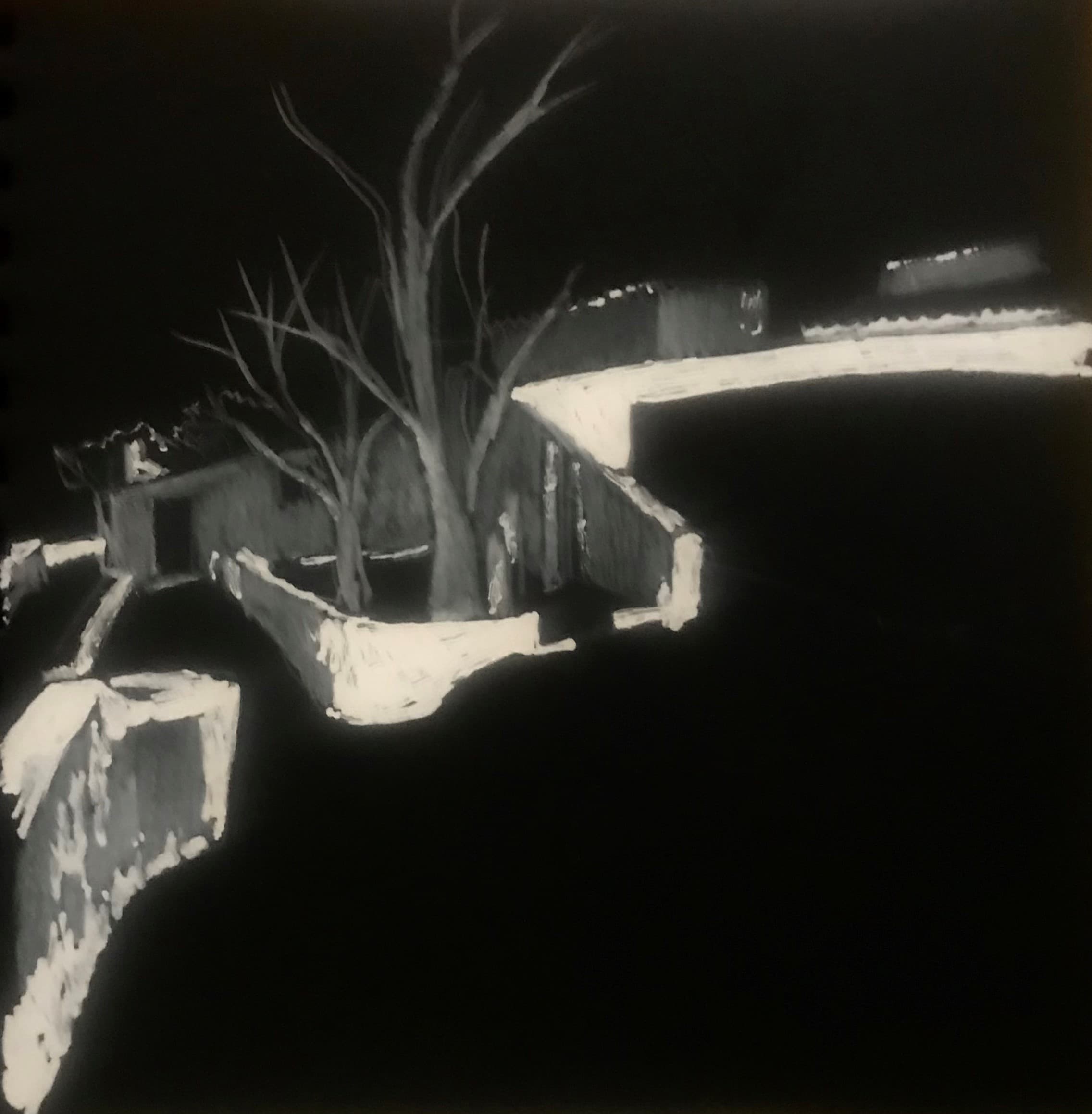 Monochromatic drawing of nighttime architectural landscape with bare trees and illuminated structures