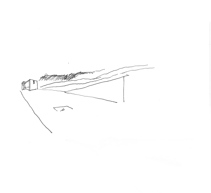 Architectural sketch of a minimalist building in a landscape